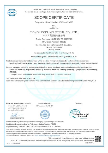 Certificat Global Recycled Standard (GRS) 4.0